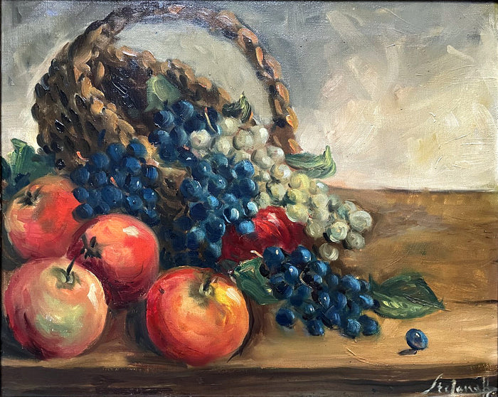 Fabulous C19th Victorian Still Life Oil on Canvas - Apples & Grapes on a Ledge SOLD