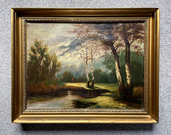 Fine Early C20th English School Oil on Canvas - Figure in a Riverside Landscape 1916 SOLD