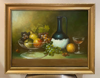 Superb Large Mid C20th Still Life Oil on Canvas - Mixed Fruit is a Glass Vase on a Ledge