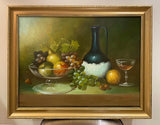 Superb Large Mid C20th Still Life Oil on Canvas - Mixed Fruit is a Glass Vase on a Ledge