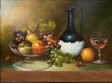 Superb Large Mid C20th Still Life Oil on Canvas - Mixed Fruit is a Glass Vase on a Ledge