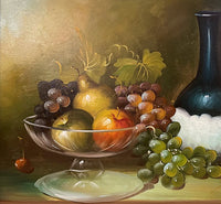 Superb Large Mid C20th Still Life Oil on Canvas - Mixed Fruit is a Glass Vase on a Ledge