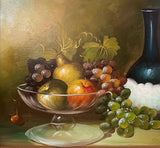 Superb Large Mid C20th Still Life Oil on Canvas - Mixed Fruit is a Glass Vase on a Ledge