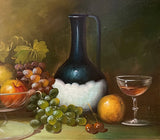 Superb Large Mid C20th Still Life Oil on Canvas - Mixed Fruit is a Glass Vase on a Ledge