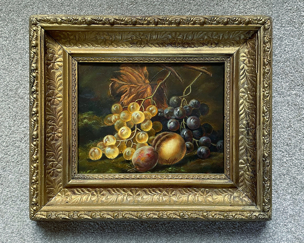 Delightful Early C20th English School Oil on Wood Panel - Mixed Fruit on a Mossy Bank SOLD