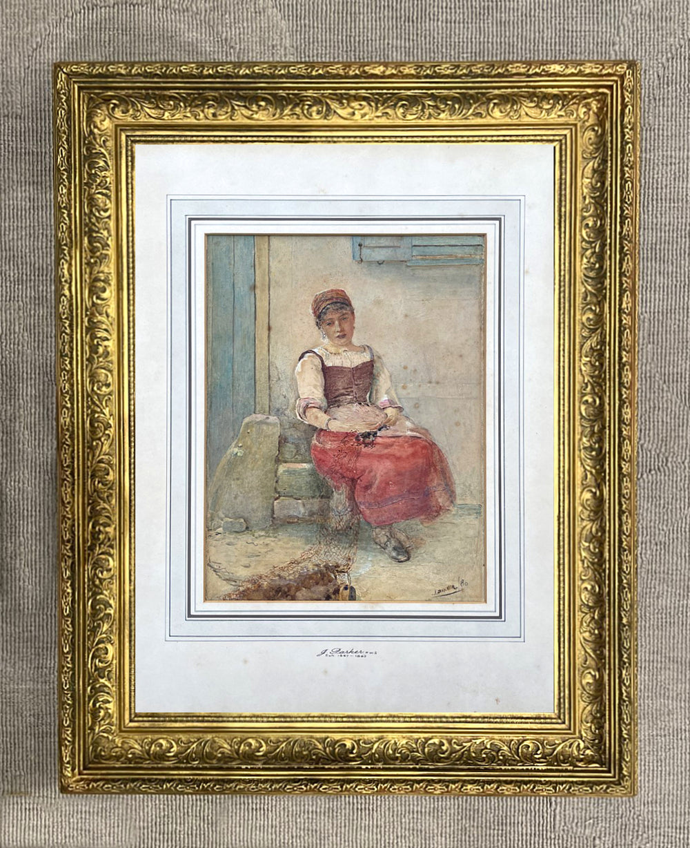 Superb C19th Victorian Watercolour - Young Woman repairing Fishing Nets - John Parker SOLD RWS 1839-1915