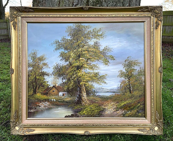 Fine Vintage Oil on Canvas - Cottage in a River Landscape by Irene Cafieri SOLD