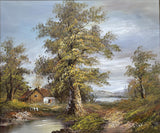 Fine Vintage Oil on Canvas - Cottage in a River Landscape by Irene Cafieri SOLD