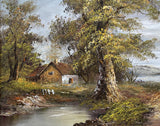 Fine Vintage Oil on Canvas - Cottage in a River Landscape by Irene Cafieri SOLD