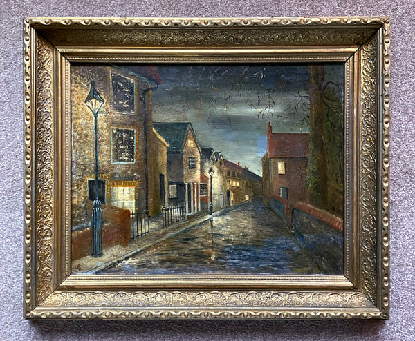 Delightful Early C20th Vintage English School Oil on Board - Twilight Street Scene SOLD