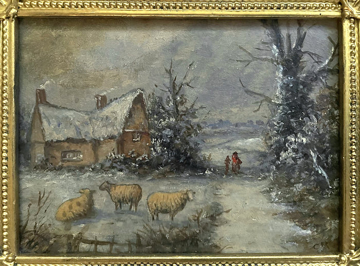 Exquisite Late C19th Victorian Oil on Board depicting Sheep by a Cottage - Christopher Mark Maskell (1849-1933) SOLD