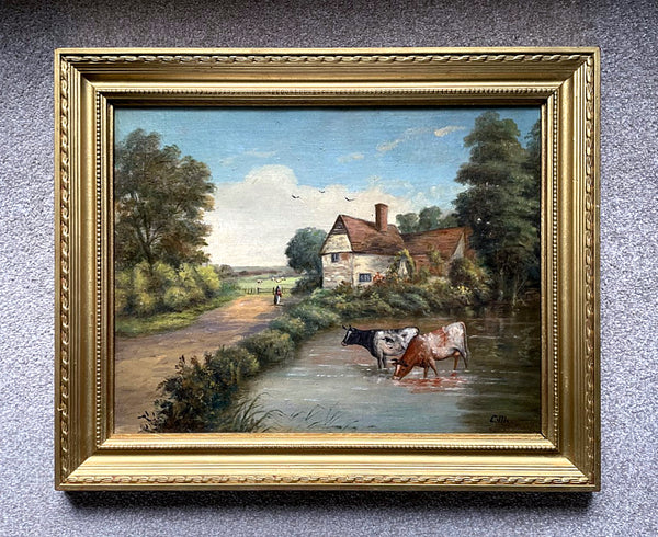 Fine Late C19th Victorian Oil on Artists Board - Cattle Watering by a Cottage - C M Maskell  SOLD (1849-1933)