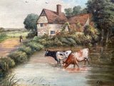 Fine Late C19th Victorian Oil on Artists Board - Cattle Watering by a Cottage - C M Maskell  SOLD (1849-1933)