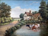 Fine Late C19th Victorian Oil on Artists Board - Cattle Watering by a Cottage - C M Maskell  SOLD (1849-1933)