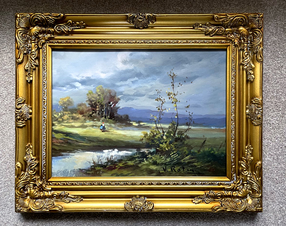 Exquisite Vintage C20th Mid Oil on Canvas Board - Figures in a Rural Landscape by Valerio Rotini SOLD
