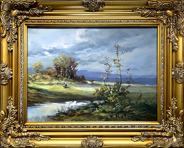Exquisite Vintage C20th Mid Oil on Canvas Board - Figures in a Rural Landscape by Valerio Rotini SOLD