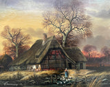Excellent Mid C20th Vintage Oil on Canvas Board - Figure with Ducks by  a Rural Cottage - Horst Baumgart SOLD