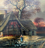 Excellent Mid C20th Vintage Oil on Canvas Board - Figure with Ducks by  a Rural Cottage - Horst Baumgart SOLD