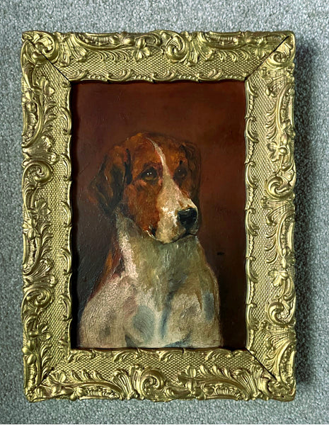 Delightful Antique English School Oil on Board Portrait of a Fox Hound SOLD