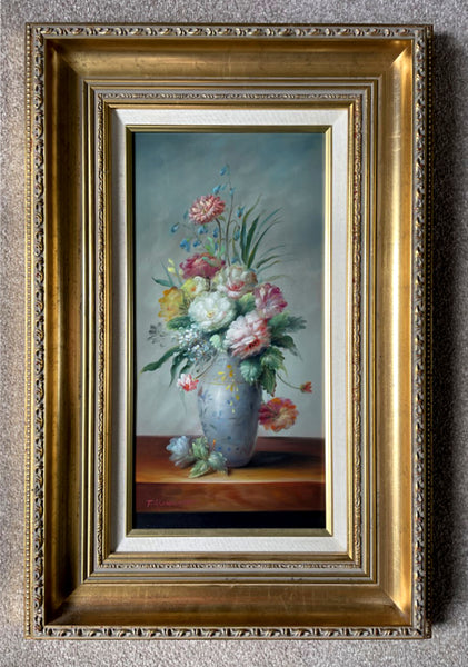 Exquisite Vintage C20th Oil on Wood Panel - Flowers in a Blue Oriental Vase - Terrence Alexander SOLD