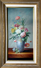 Exquisite Vintage C20th Oil on Wood Panel - Flowers in a Blue Oriental Vase - Terrence Alexander SOLD