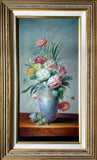 Exquisite Vintage C20th Oil on Wood Panel - Flowers in a Blue Oriental Vase - Terrence Alexander SOLD