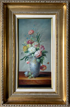 Exquisite Vintage C20th Oil on Wood Panel - Flowers in a Blue Oriental Vase - Terrence Alexander SOLD