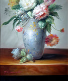 Exquisite Vintage C20th Oil on Wood Panel - Flowers in a Blue Oriental Vase - Terrence Alexander SOLD