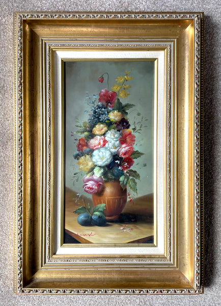 Exquisite Vintage C20th Oil on Wood Panel - Flowers in a Brown Bowl - Terrence Alexander SOLD