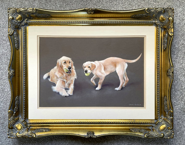 Superb Vintage Oil Pastel Study of 2 Golden Retrievers - Sarah Pyefinch SOLD