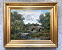 Excellent Late C19th Victorian English School Oil on Canvas - Angler by a Rural Bridge. SOLD