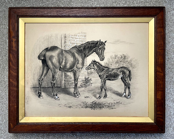 Excellent Mid/Late C19th Victorian English School Chalk Sketch of a Mare & Foal circ. J F K Herring jnr