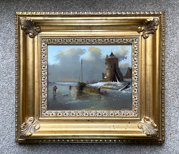 Superb Vintage Dutch School Oil on Canvas Board - Figures on a Frozen Canal - Max Brandrett SOLD