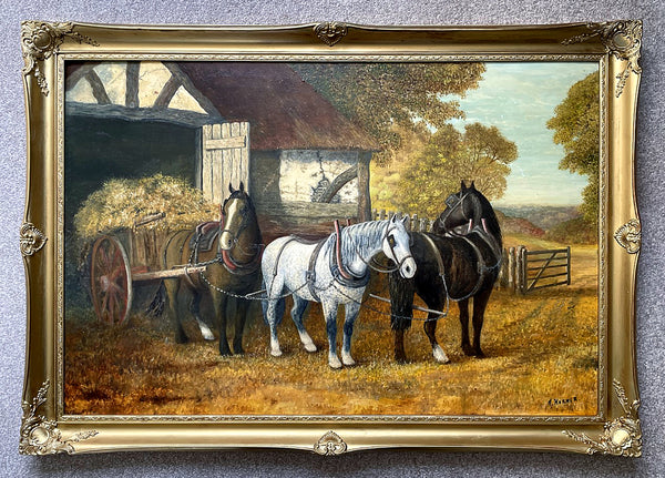 Fine Vintage Large English School Oil on Board - Working Horses by a Barn - A.G.Horner SOLD