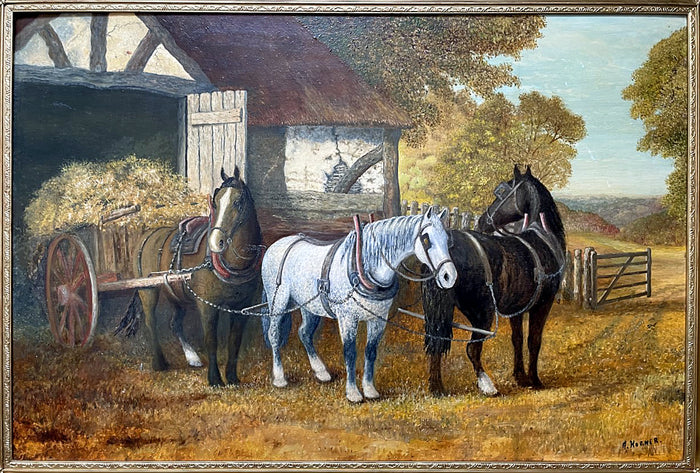 Fine Vintage Large English School Oil on Board - Working Horses by a Barn - A.G.Horner SOLD
