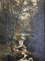 Fine Early C19th Victorian English School Oil on Wood Panel - Anglers by a Stream SOLD