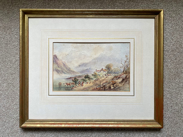 Excellent C19th Scottish School Watercolour - Cattle & Figures by a Loch - J.W. Ferguson (British, 19th Century) SOLD