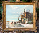 Superb Large Vintage Dutch School Oil on Canvas Board - Figures on a Frozen Canal - Max Brandrett SOLD