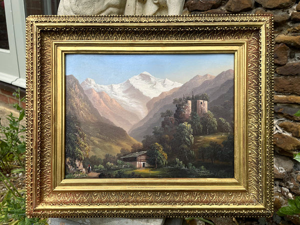 Fine Late C19th Victorian European School Oil on Board - Alpine Landscape with Figures SOLD