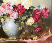 Superb Large Mid C20th Still Life Oil on Canvas - Roses in an Ormolu Vase SOLD