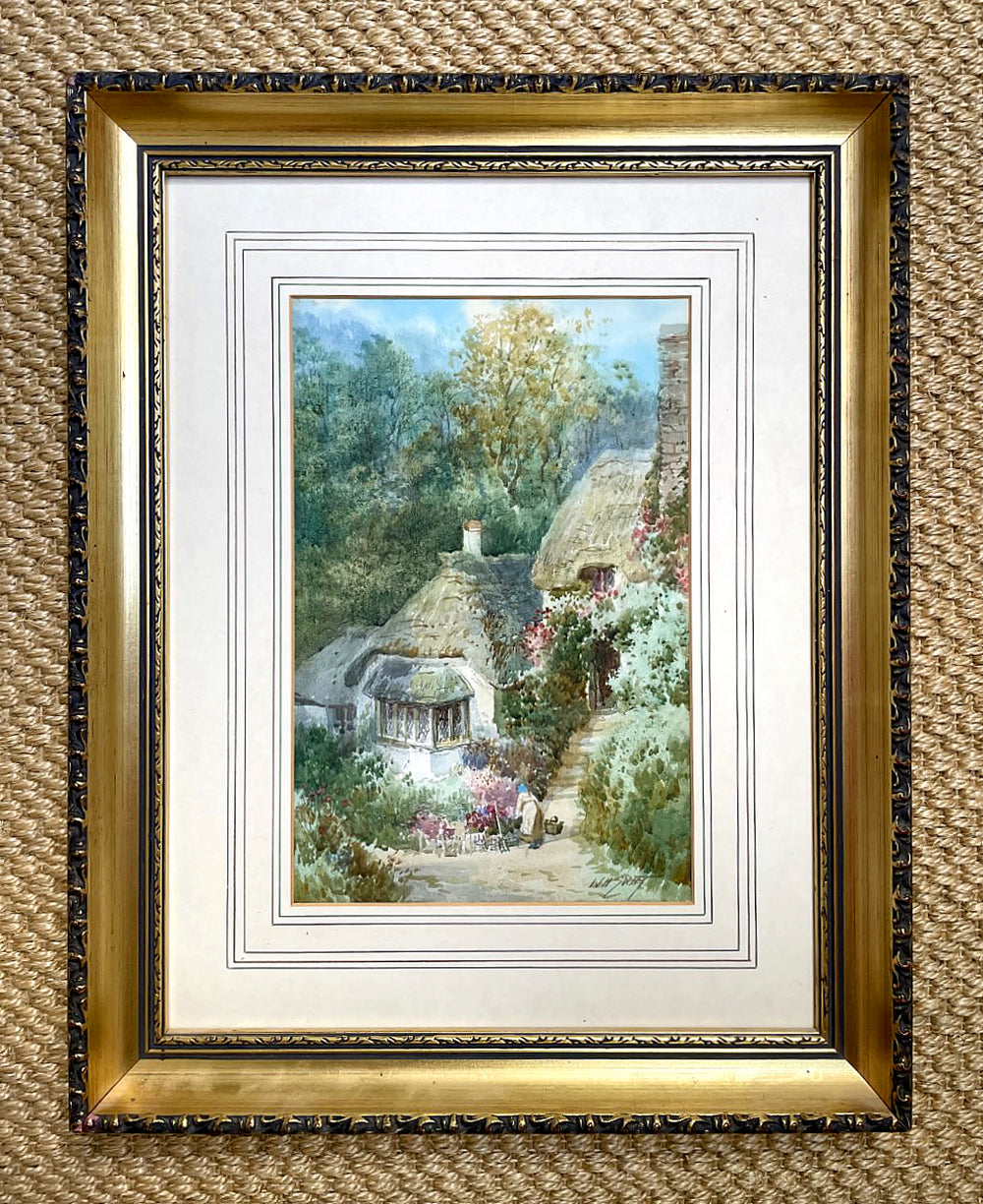 Delightful Edwardian Watercolour - Woman by a Thatched Cottage Minehead by Walter Henry Sweet (1889-1943) SOLD