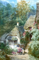 Delightful Edwardian Watercolour - Woman by a Thatched Cottage Minehead by Walter Henry Sweet (1889-1943)