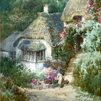 Delightful Edwardian Watercolour - Woman by a Thatched Cottage Minehead by Walter Henry Sweet (1889-1943)