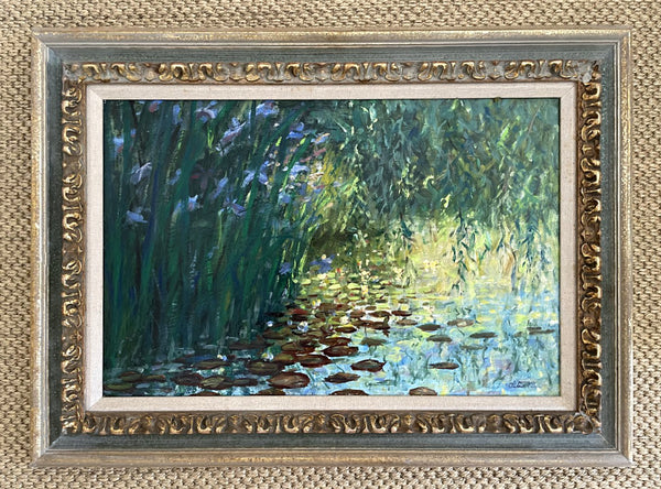 Excellent Vintage C20th Impressionist Oil on Board - "Irises by the Lake" by Alistair Kilburn SOLD