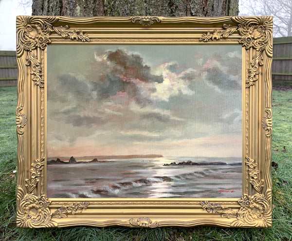 Beautiful Vintage English School Oil on Board - Figures on a Beach at Sunset - Jamieson 1958 SOLD