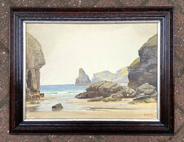 Fine Late C19th Victorian Watercolour - Cornish Beach Scene - Charles Edward Hannaford (1863-1955)