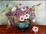 Fine Vintage Mid C20th Oil on Board - Anemones in a Green Jug - Vera Earey Sold