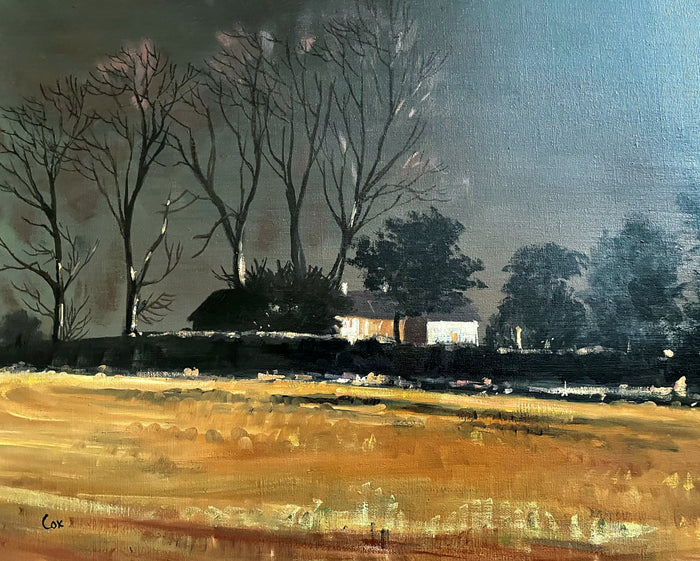 Beautiful Vintage English School Oil on Canvas Board - Norfolk Cottage at Dusk - 