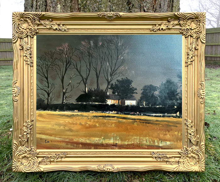 Beautiful Vintage English School Oil on Canvas Board - Norfolk Cottage at Dusk - 