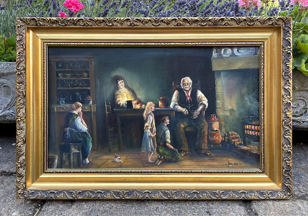 Delightful Vintage Oil on Board - "Grandpa's Story" by James Allen